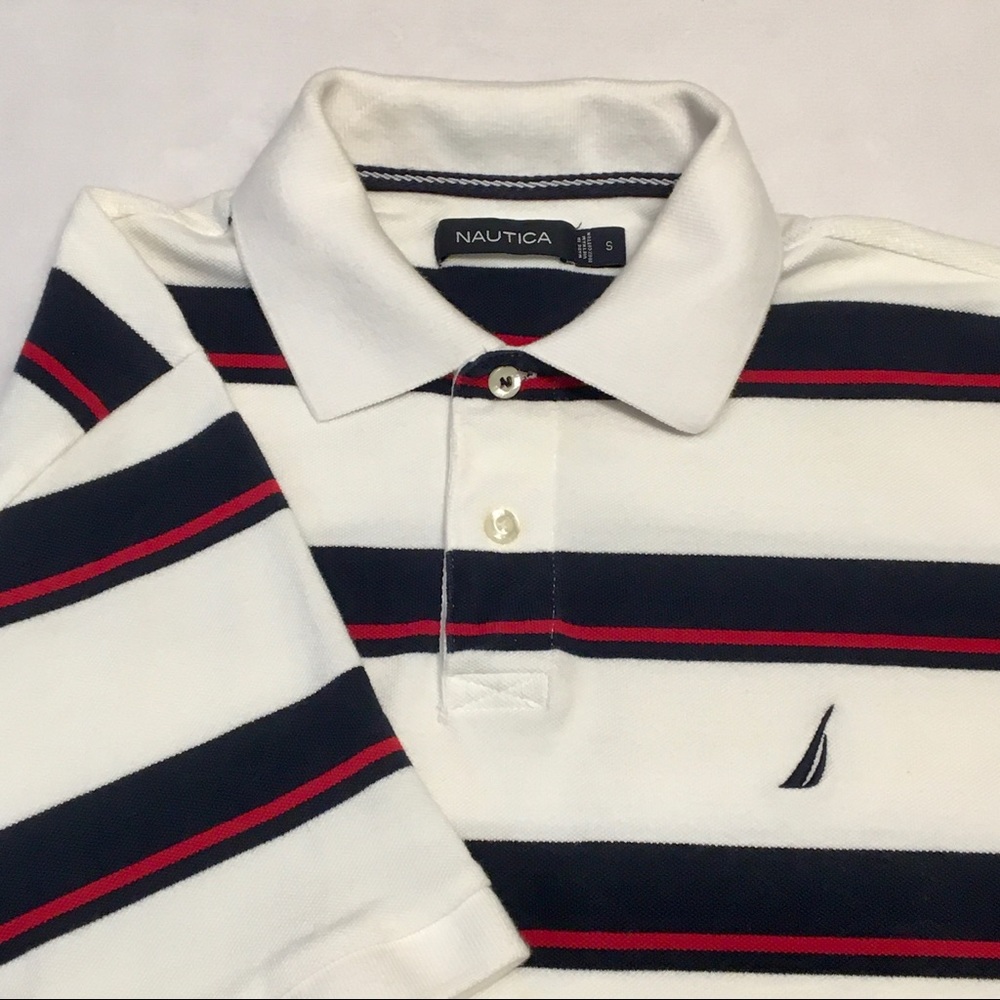 Nautica Polo Shirt Mens Size Medium Collared Navy Blue White Red Logo Striped
